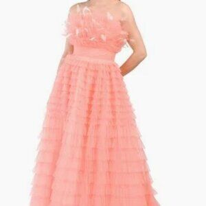 MAC DUGGAL Tiered Tulle Gown With Feather Detail